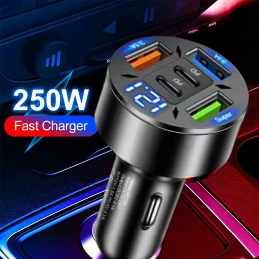 250W 5 Ports Car Charger Fast Charging 2PD QC3.0 3USB C Car Phone Charger Adapter With Voltage For iPhone Samsung Huawei Xiaomi Peaceful Pleasures Health and Wellness