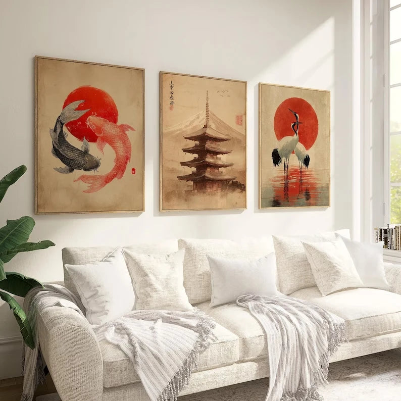 3-Piece Japanese Koi Fish Pagoda Crane Canvas Wall Art Print