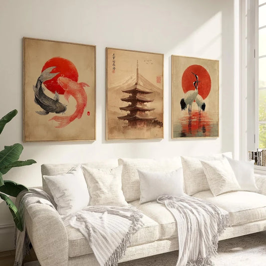 3-Piece Japanese Koi Fish Pagoda Crane Canvas Wall Art Print Canvas Wall Art Peaceful Pleasures Health and Wellness G5367-3pcs 21x30cm Unframed