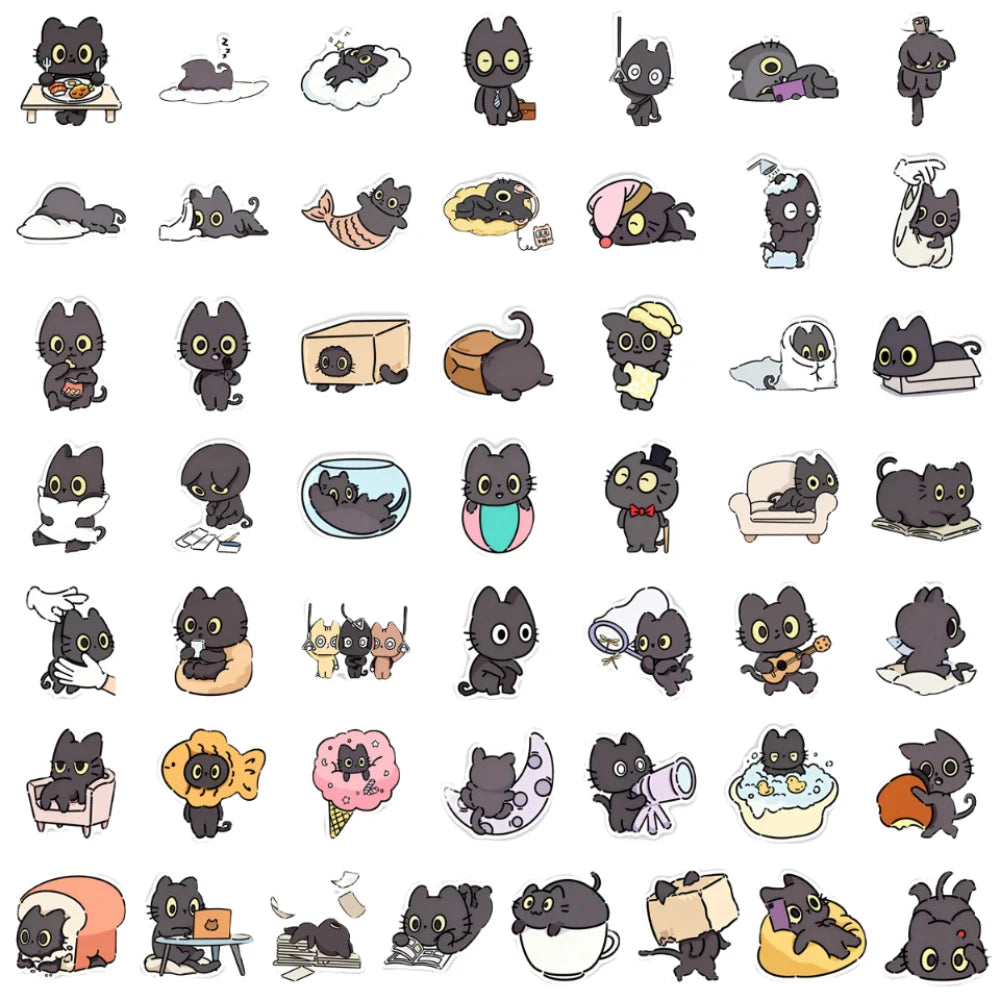 50Pcs Waterproof Kawaii Black Cat Sticker Cartoon Self-adhesive Funny Meme Sticker Animal Creative Stationery Sticker Peaceful Pleasures Health and Wellness 50Pcs