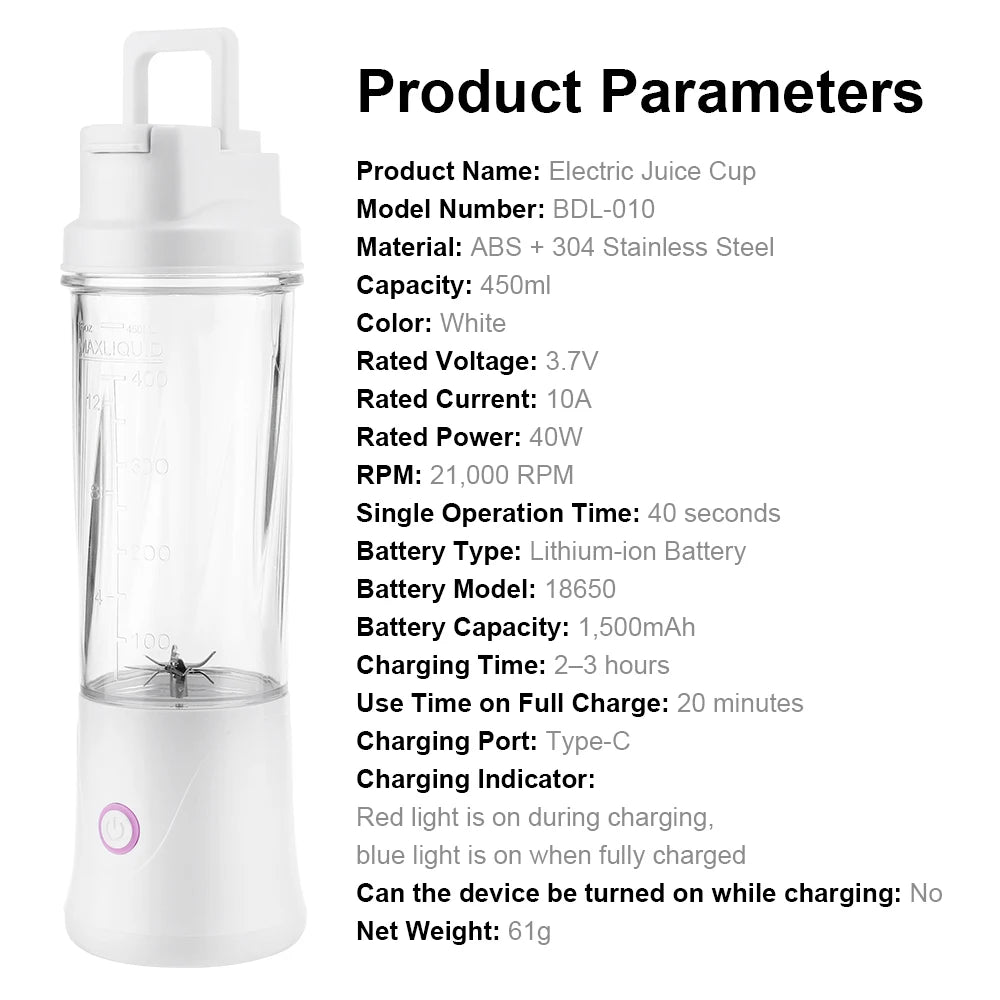12 Blades Portable To-go Blender Cup Personal 450ml Smoothie Shake Maker Cup Juicer Drink Mixer Bottle Gym 304 Stainless Steel Peaceful Pleasures Health and Wellness White