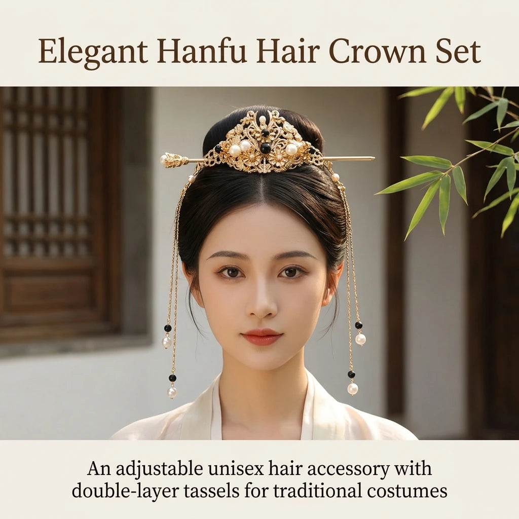 Ancient Style Tassel Step Shake Hair Crown for Hanfu with Double Layer Tassels, Unisex Traditional Chinese Costume Accessory Peaceful Pleasures Health and Wellness