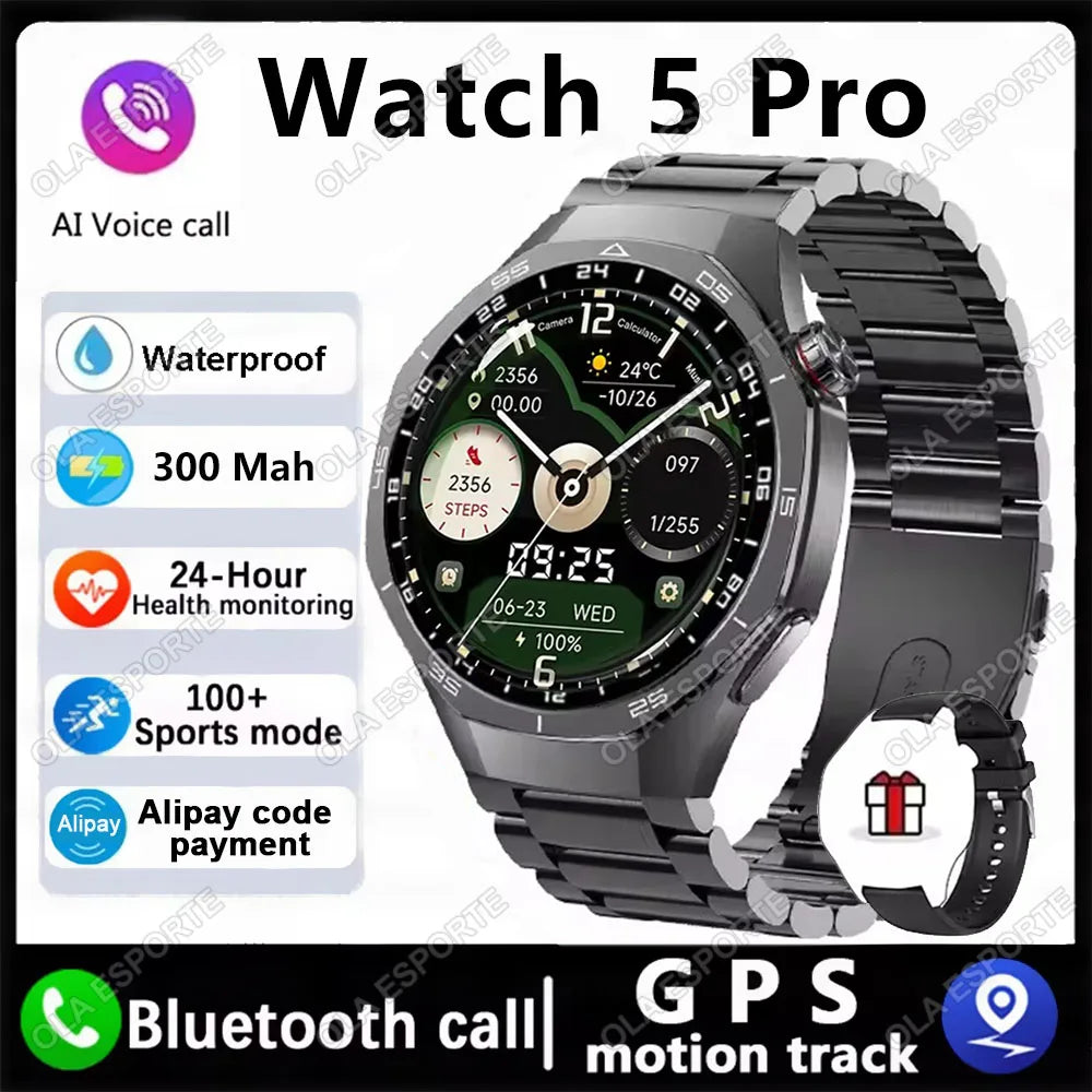 MA27 New Watch 5 Pro Smart Watch 1.53 Inch AMOLED Display Screen GPS Sports Tracker Smartwatch Men Women IP68 Waterproof Watches Peaceful Pleasures Health and Wellness Black Steel