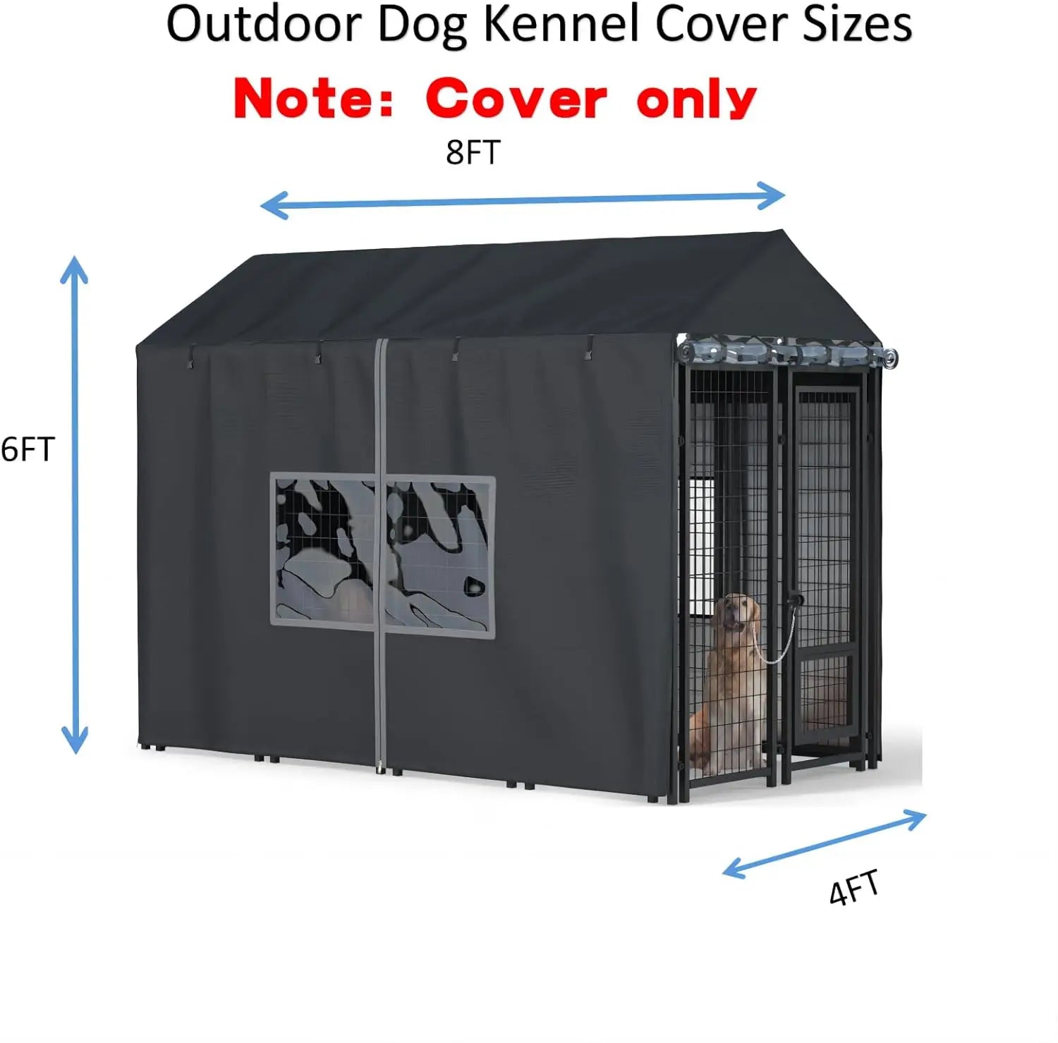 Outdoor dog kennel cover with dimensions on a white background