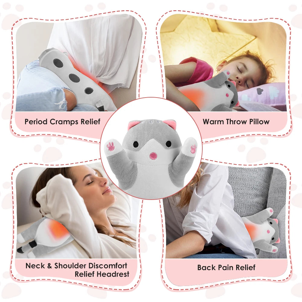 USB Charging Heated Plush Cute Cat Throwing Pillow Electric Heating Pad For Period Cramps Menstrual Waist Warming Heating Pad Peaceful Pleasures Health and Wellness