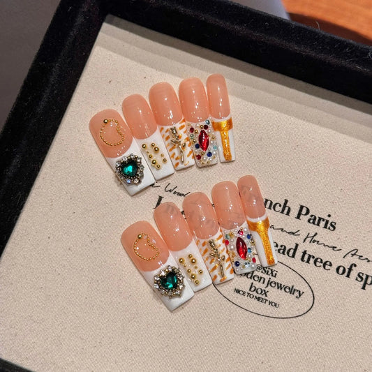 Retro Green Crystal Coffin Press-On Nails | Gothic Long False Nails Press-On Nail Set Peaceful Pleasures Health and Wellness S