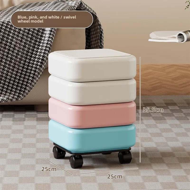 Cartoon Trash Bin with Lid Large Capacity Multi-Functional Mobile Wastebasket Modern Household Storage Organizer Wheels Peaceful Pleasures Health and Wellness Blue with Wheels