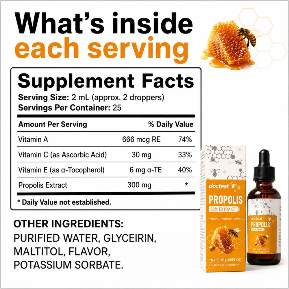 Bee Propolis Liquid Drops 30% Extract Vitamins A C E | 50ml Propolis Supplement Peaceful Pleasures Health and Wellness