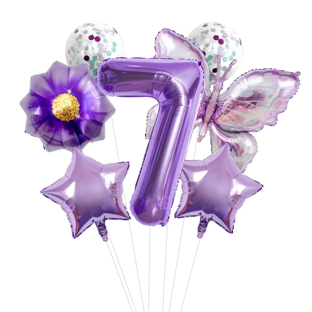 Purple Butterfly Flower 32 Inch Digital Aluminum Film Balloon Set for Children's Birthday Party Decoration Scene Arrangement Peaceful Pleasures Health and Wellness Number 7 32inch