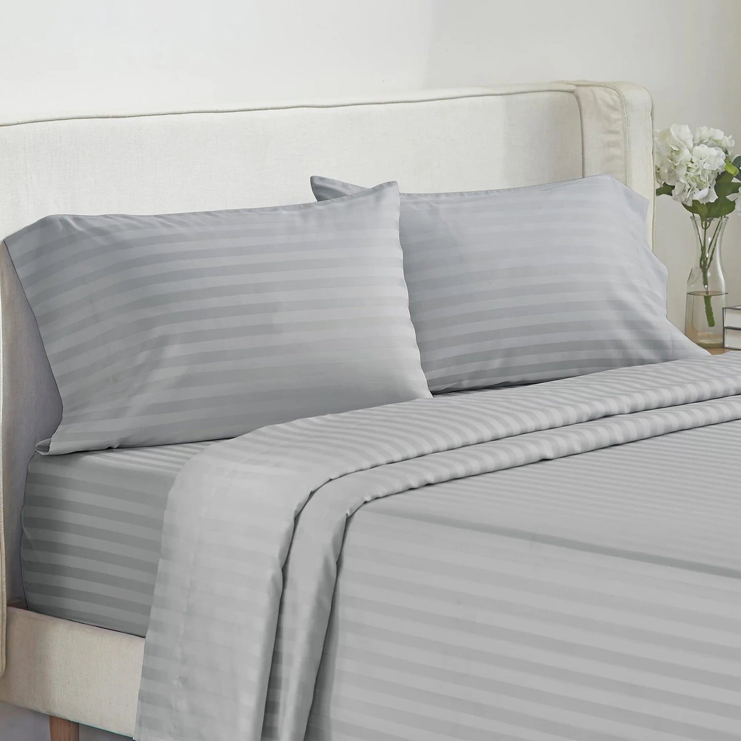 Battilo Bed Sheets 4 Pieces Set Luxury Fitted Flat Sheet with Pillowcases Solid Stripe Bedding Set For Twin Full Queen King Size Peaceful Pleasures Health and Wellness Grey Queen