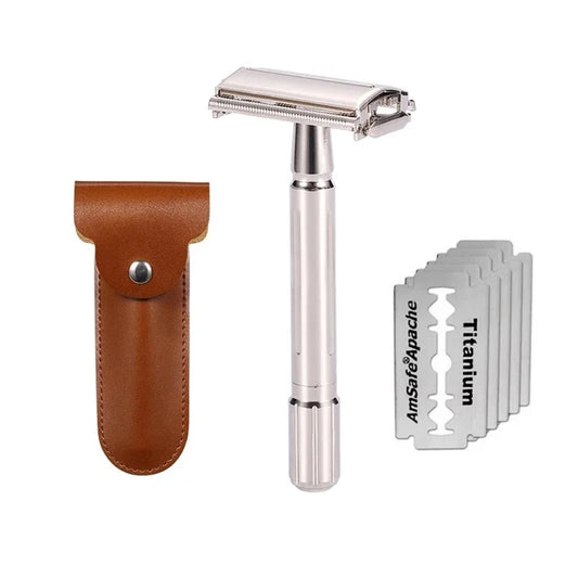 Men's Classic Safety Razor | Double Edge + 5 Titanium Blades Safety Razor Peaceful Pleasures Health and Wellness