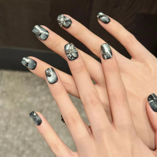 10pcs Handmade Cat's Eye Short Press on Nails Y2k Silver Flowers Decoration Fake Nails Wearable European Punk False Nails Ballet Peaceful Pleasures Health and Wellness S 1