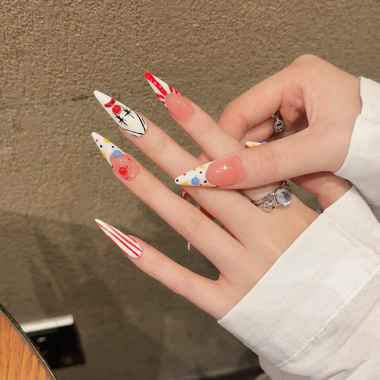 Handmade Press on Nails French Long Almond Fake Nails for Women Wearable European Clown Pattern Ins Stripe False Nail Patches Peaceful Pleasures Health and Wellness