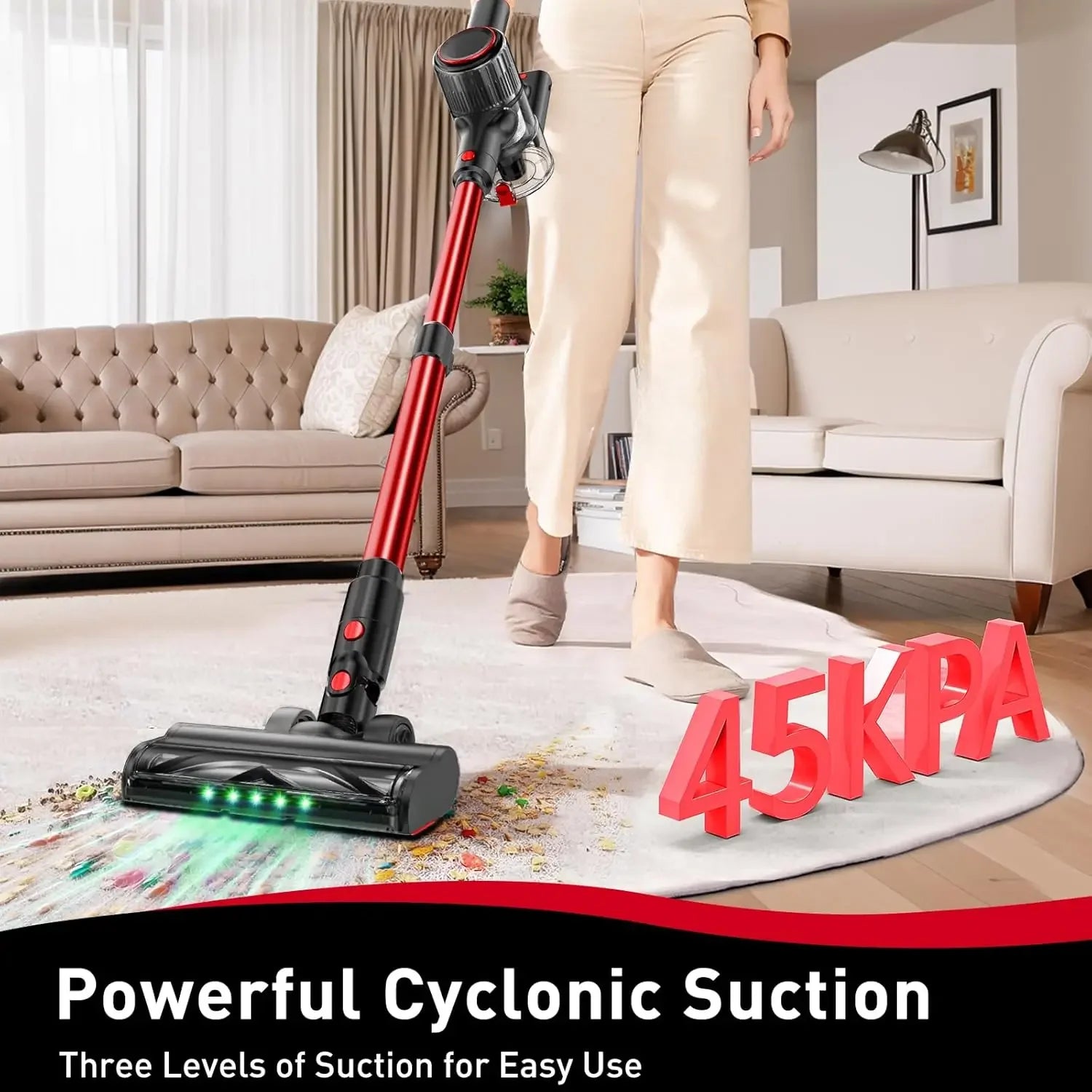 45KPA Cordless Vacuum Cleaner, 8-in-1 Lightweight Stick for Pet Hair & Carpets, 45Min Runtime with LED Display (Red) Peaceful Pleasures Health and Wellness
