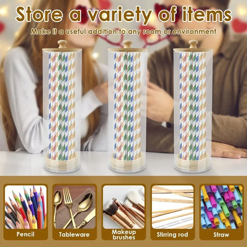 A36T-Multi-Purpose For Home And Office Straw Storage Box Acrylic Straw Storage Bucket Modern Minimalist Wooden Desk Organizer Peaceful Pleasures Health and Wellness As Shown