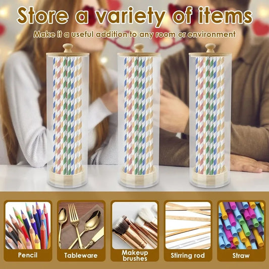 A36T-Multi-Purpose For Home And Office Straw Storage Box Acrylic Straw Storage Bucket Modern Minimalist Wooden Desk Organizer Peaceful Pleasures Health and Wellness As Shown