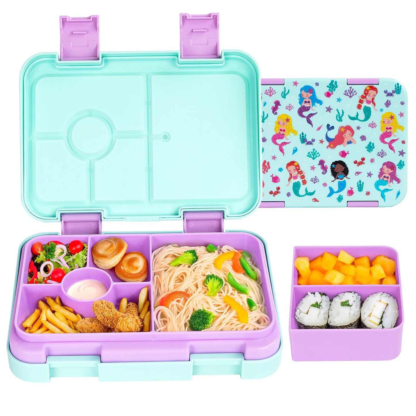 Food Grade Portable Lunch Box Lunchbox School Microwave heating Children Cartoon Bento High-capacity Kid Double Buckle Lunch Box Peaceful Pleasures Health and Wellness Green Mermaid