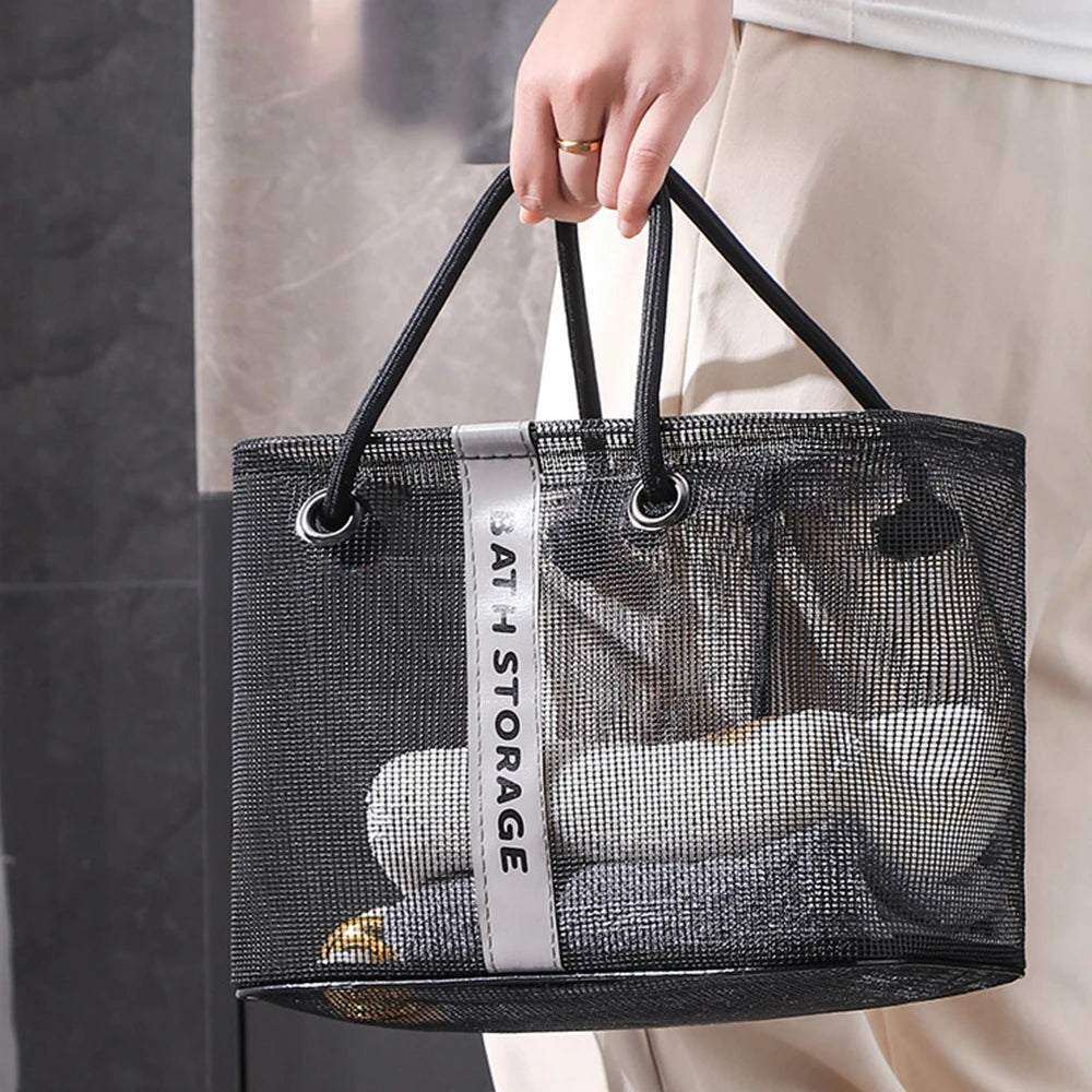 Mesh Storage Bag, Shower Bag, Hand-Held Wash Bag, Waterproof Shower Towel Basket, Shower Bag Peaceful Pleasures Health and Wellness black