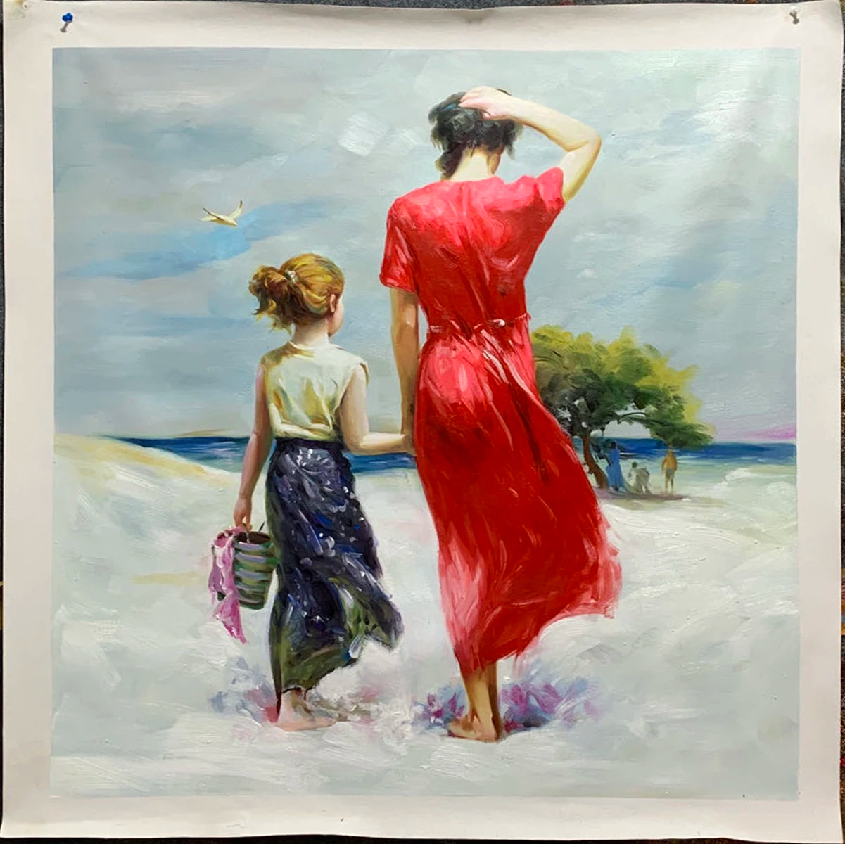 100% Hand Painted Boutique Unframed Impressionist Canvas Figure Painting, Mother and Child Oil Painting, seaside Peaceful Pleasures Health and Wellness