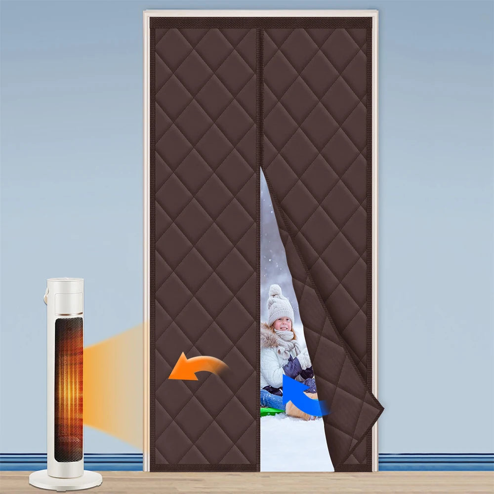 Magnetic Thermal Insulated Door Curtain Thickened Cotton Anti-Heat and Cold Summer Winter Curtain For Home Bedroom Doorways Peaceful Pleasures Health and Wellness Brown 95x210cm