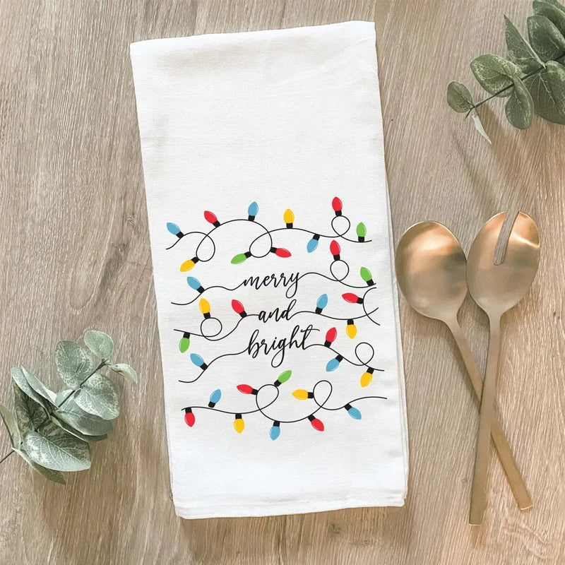 Merry & Bright Christmas Cotton Tea Towel | Holiday Host Gift Holiday Kitchen Towel Peaceful Pleasures Health and Wellness