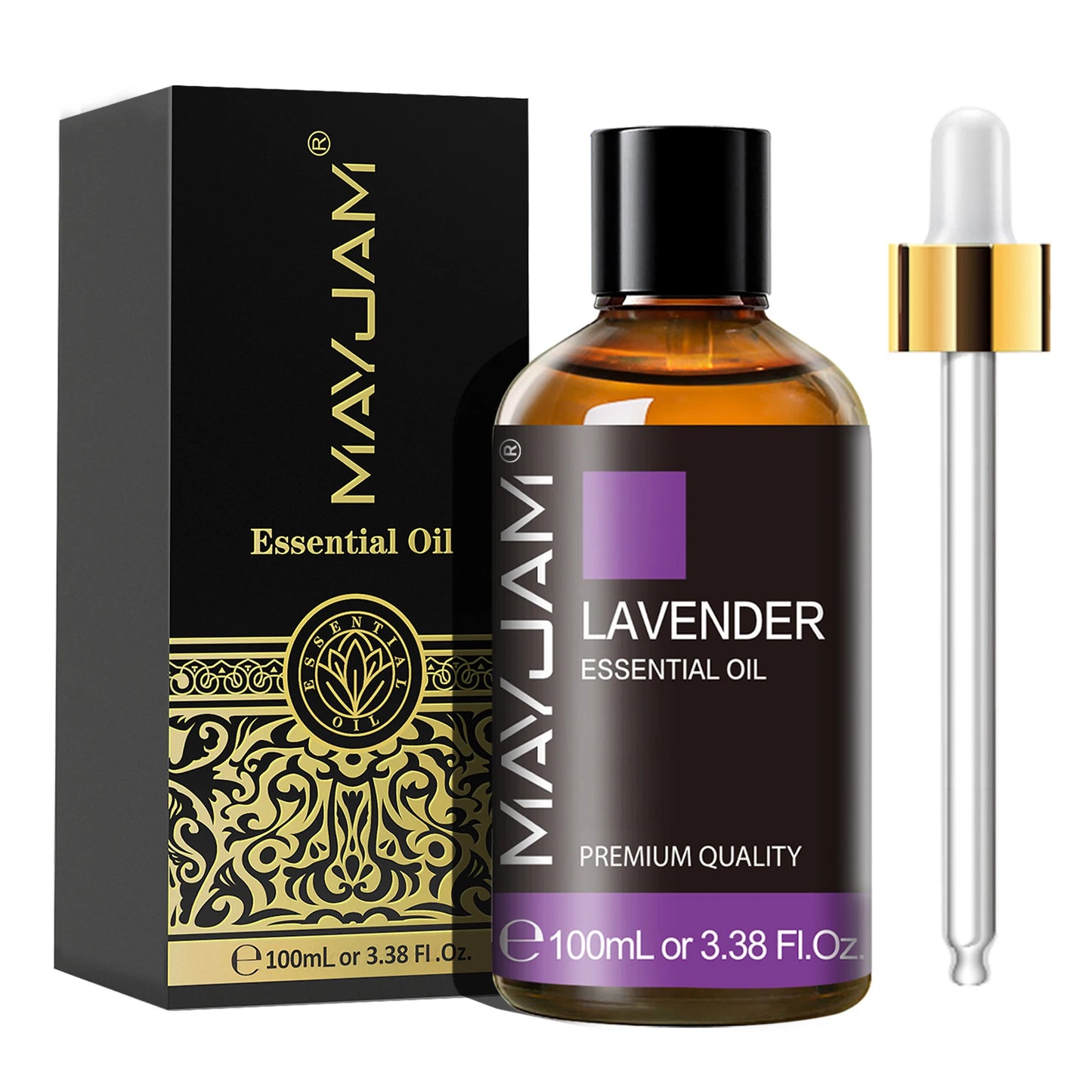 MayuJam Lavender essential oil bottle with dropper and packaging on a white background
