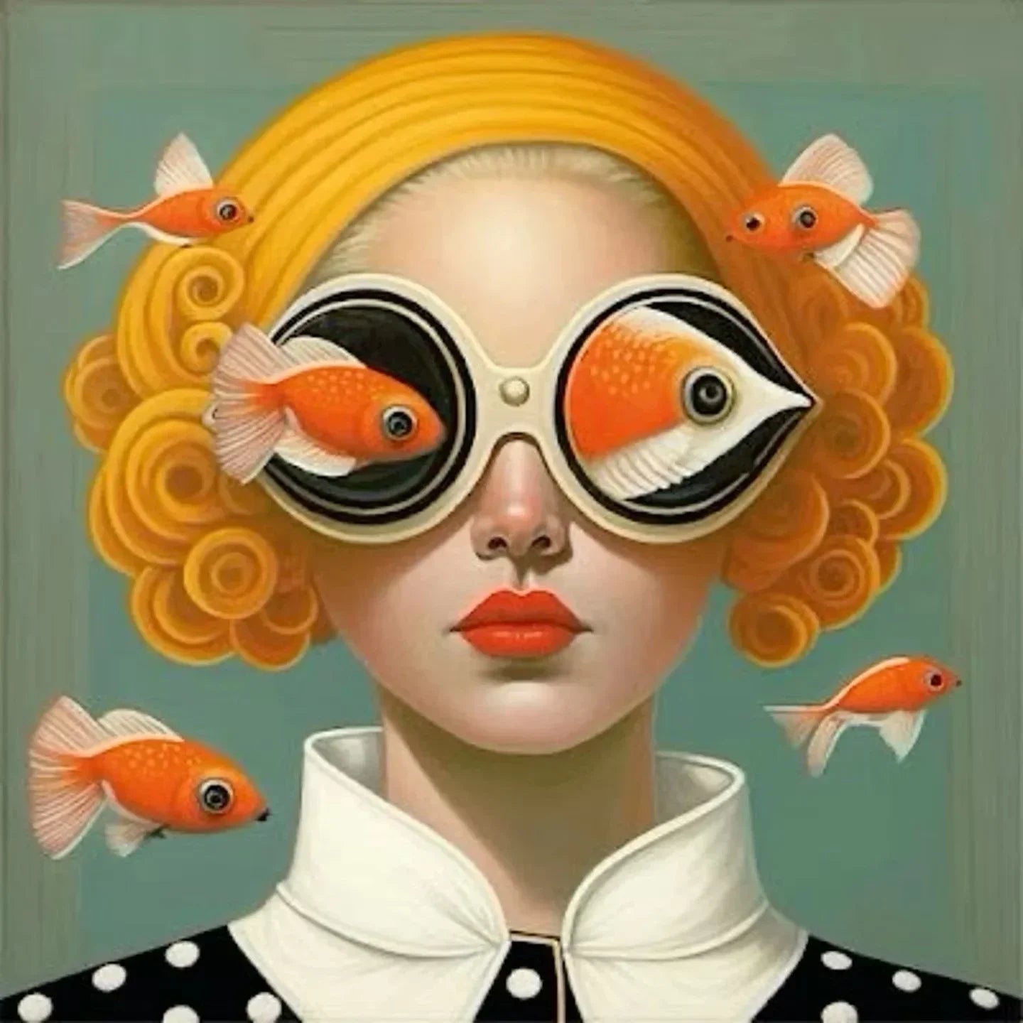Surrealism Woman & Fish Canvas Wall Art | Fantasy Portrait Print