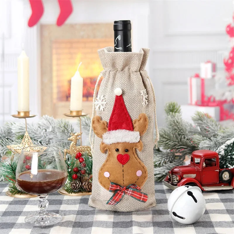 Xmas Snowman Santa Claus Wine Bottle Gift Packaging Jute Bag Pouch Burlap Christmas Wine Bottle Cover Bag Christmas Decorations Peaceful Pleasures Health and Wellness Christmas deer 30x14cm
