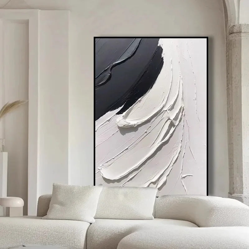 Hand-painted Oil Painting Black and White Modern Minimalist Entrance Three-dimensional Large Floor-to-ceiling Gypsum Painting Peaceful Pleasures Health and Wellness