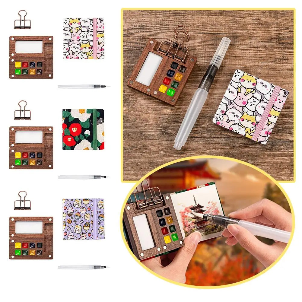 Travel Watercolor Palette Set – Wooden Paintbox & Sketchbook