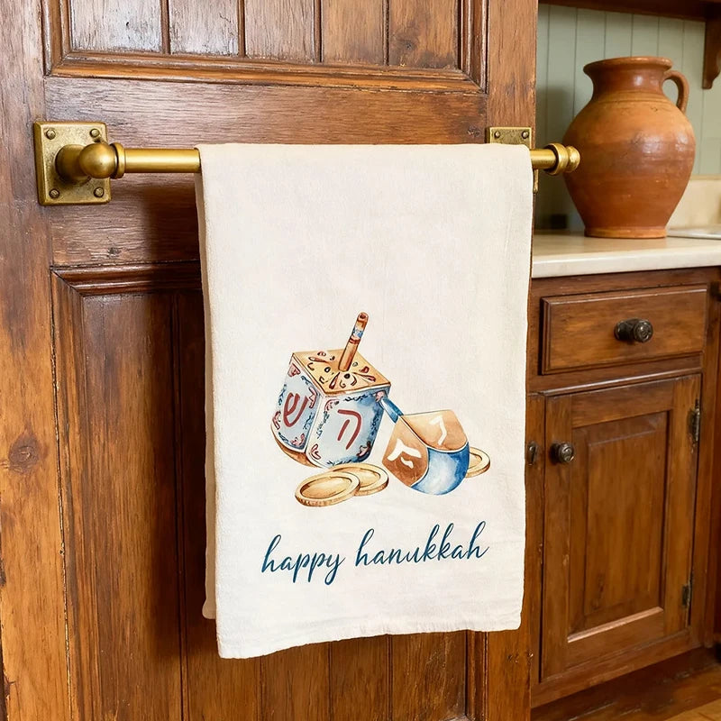 Happy Hanukkah Cotton Tea Towel – Dreidel & Coins Flour Sack Holiday Kitchen Towel Peaceful Pleasures Health and Wellness