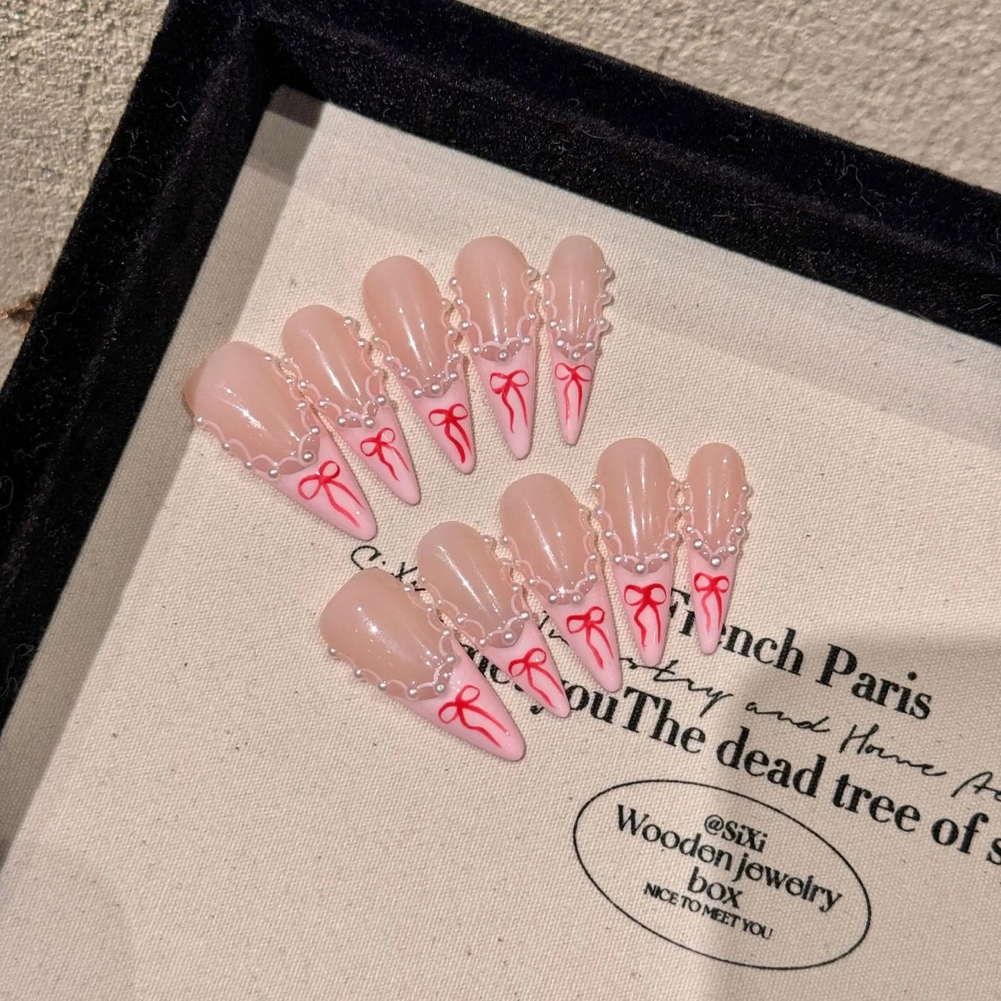Korean 3D Gold Bow Press On Nails – Long Almond French Tips