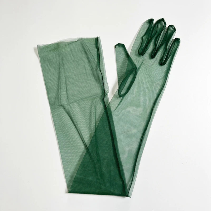 Women Ultra Tulle Gloves Mesh Sheers Full Finger Elbow Long Gloves Female Vintage Sunscreen Gloves Wedding Bride Dress Mittens Peaceful Pleasures Health and Wellness Dark green One Size