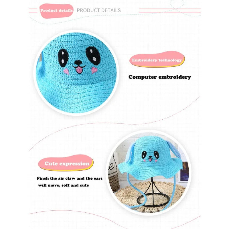Kids Bunny Rabbit Straw Hat | Moving Ears Wide Brim Sun Hat
