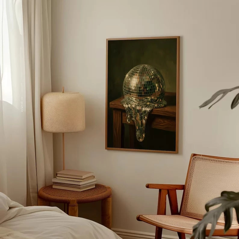 Retro Green Melting Disco Ball Canvas Wall Art Print Poster