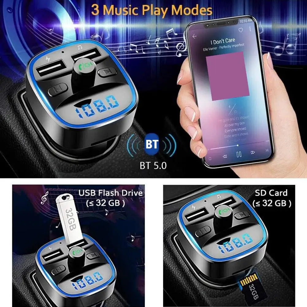 Bluetooth 5.0 Dual USB Port Charging Hands-free Calling Blue LED Light Fast Charging FM Transmitter Car Adapter Car Accessories Peaceful Pleasures Health and Wellness