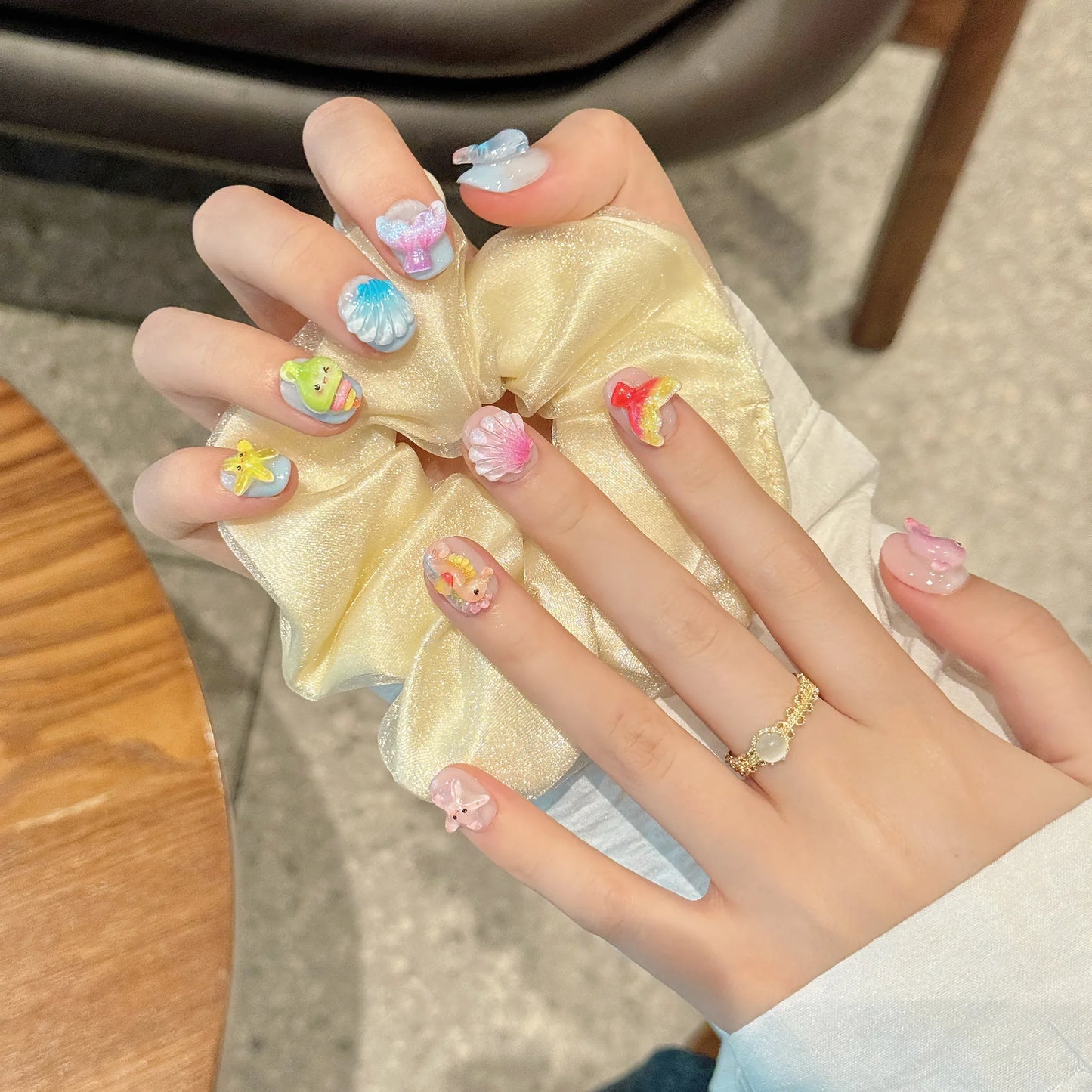 Handmade Press on Nails Ocean Seahorses Starfish Whales Fake Nails for Women Girl Wearable Cartoon Cute Shiny Short False Nails Peaceful Pleasures Health and Wellness