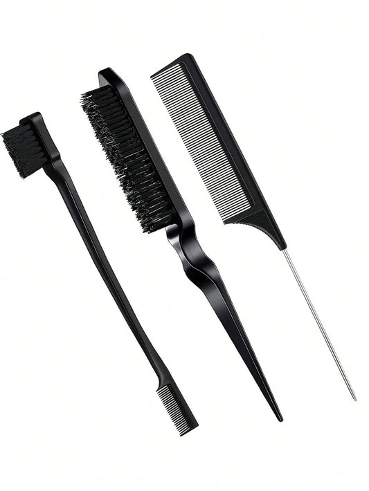3pcs styling comb set with triple tear hair brush mouse tail comb edge brush,salon hair styling tool Special for real hair wigs Peaceful Pleasures Health and Wellness SGQSJT-black