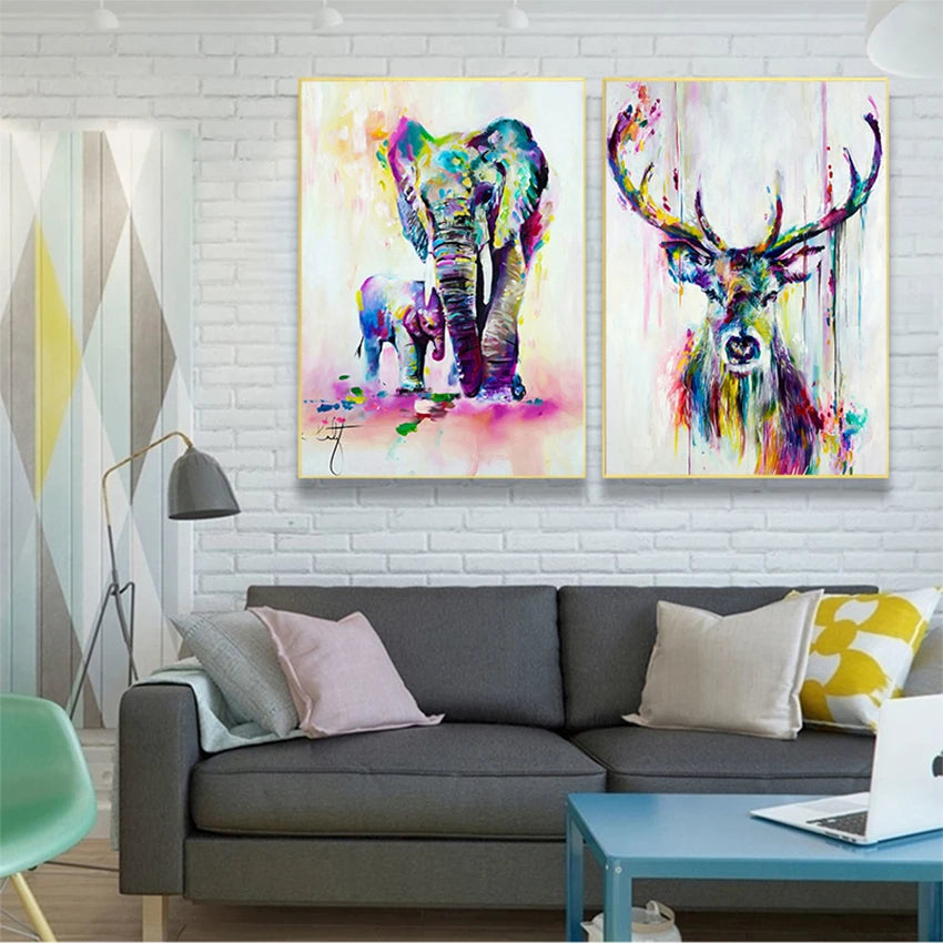 Kids Room Watercolor Animal Canvas Art – Elephant & Deer Print