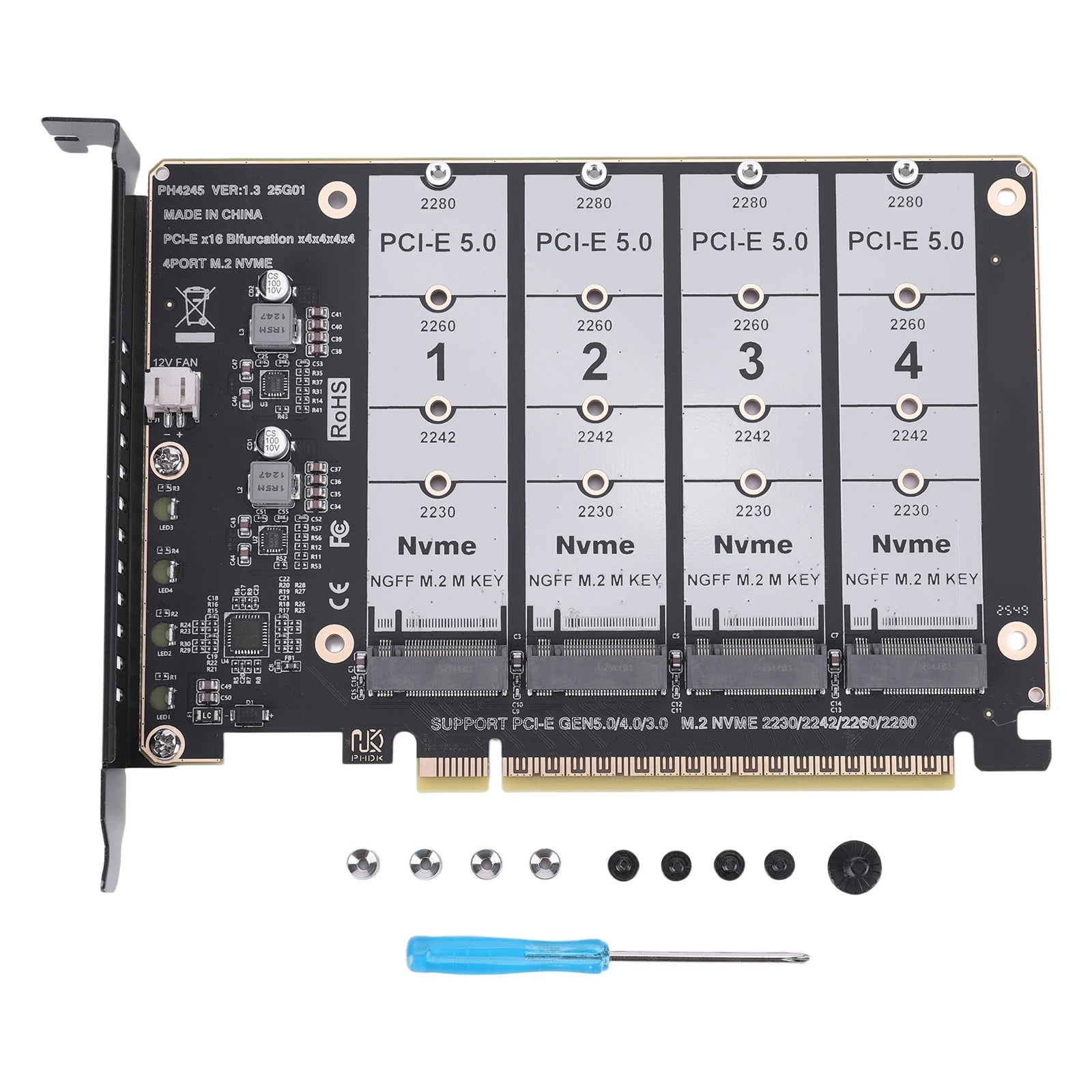 PCIE Express 5.0 Gen5 Gen4 X16 Expansion Card To 4X NVME M.2 NGFF SSD Adapter Card Hard Drive Converter Peaceful Pleasures Health and Wellness Black