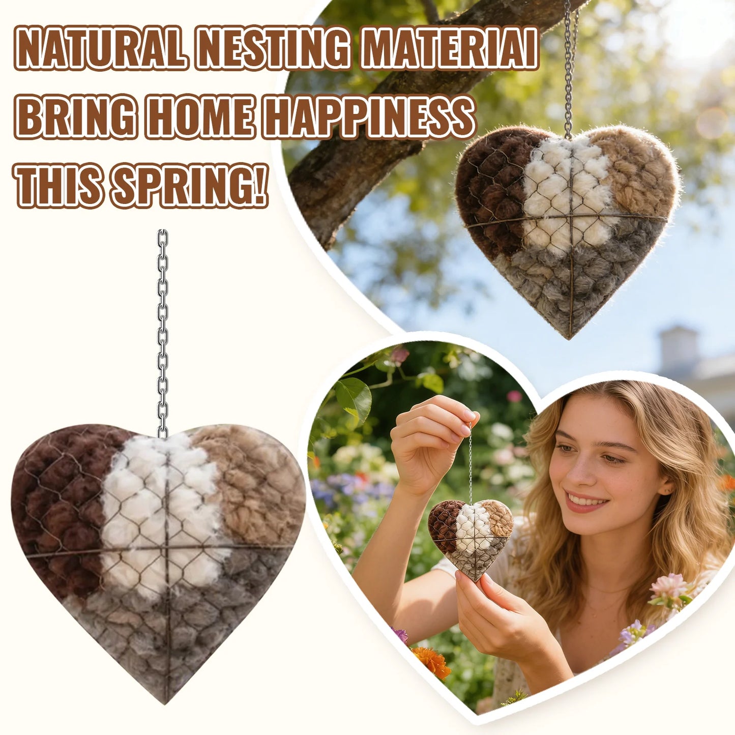 Handmade Heart Bird Nesting Holder – Refillable Cotton & Wool