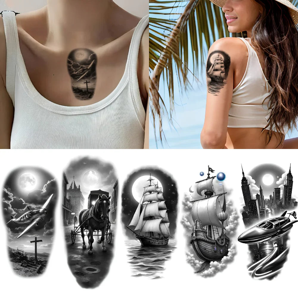 12pcs Waterproof Temporary Tattoo Stickers – Sailboat & Cityscape