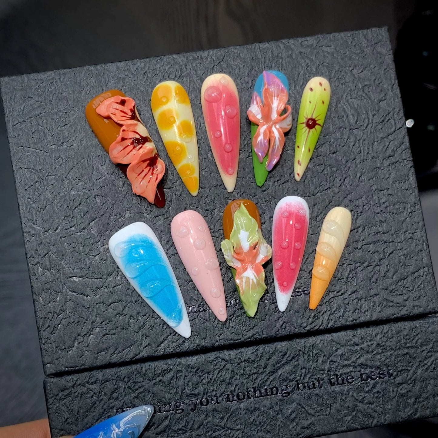10pcs Handmade Press on Nails Summer 3D Tropical Flower Fake Nails Wearable Detachable Colorful Long Pointed False Nail Tips Peaceful Pleasures Health and Wellness S