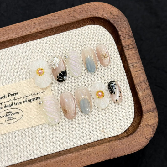 10pcs Handmade Press on Nails Summer Ocean Shell Pearl Decor Fake Nail Tips for Women Wearable Reusable Ins Fashion False Nails Peaceful Pleasures Health and Wellness M