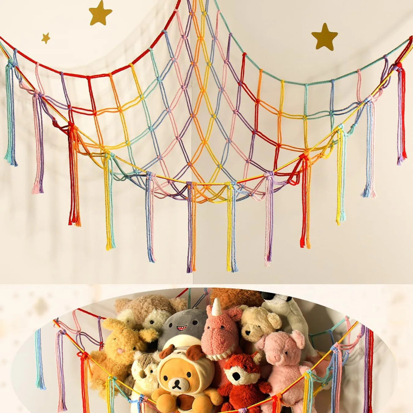 Corner Mounted Toy Storage Net Handwoven Cotton String Triangle Pouch Plush Doll Hammock Kids Room Organizer Peaceful Pleasures Health and Wellness Colorful 100x100x140