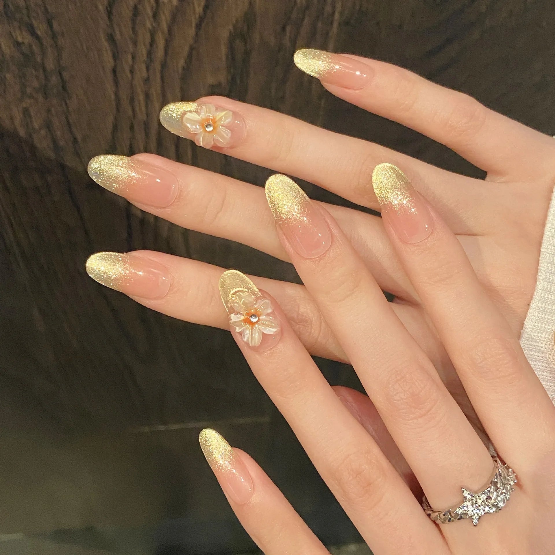 10pcs Handmade Press on Nails Gradient Gold Cat Eye Round Head Fake Nails with Yellow Flower Wearable Reusable False Nail Tips Peaceful Pleasures Health and Wellness