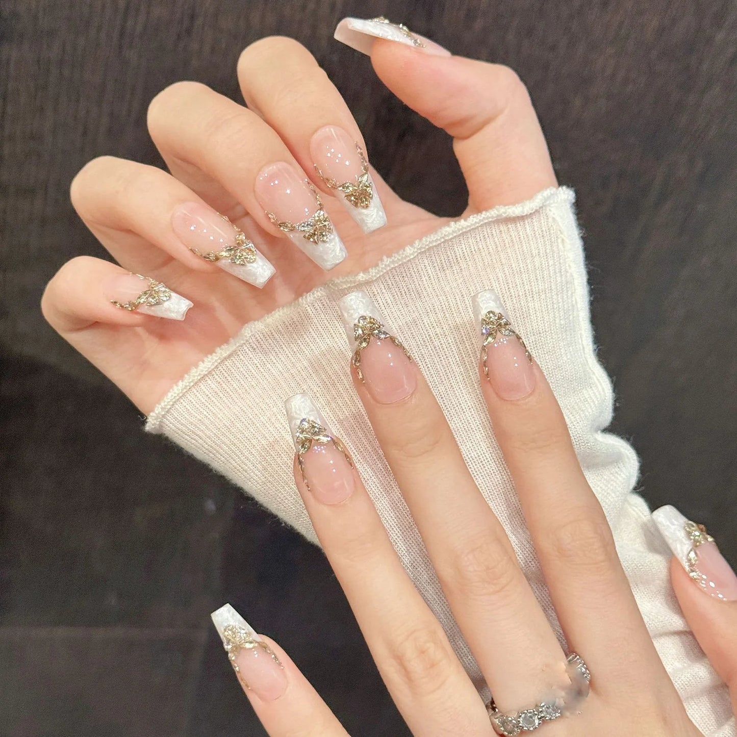 Handmade Press On Nails White Aurora French Almond – 10pcs Set