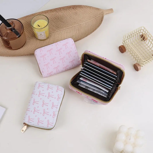Korean style Multi-slots Zipper Mini Coin Purse Pink Sweet Bowknot Card Holder Women Girls PU Leather Portable Travel Wallet Peaceful Pleasures Health and Wellness