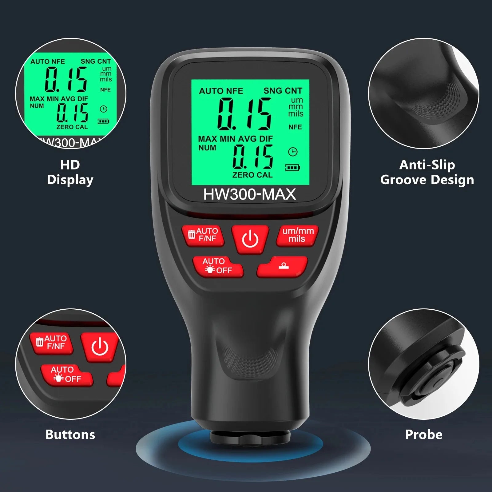 HW300-MAX Digital Coating Thickness Meter Paint Thickness Gauge Large Range Detector for Metal Peaceful Pleasures Health and Wellness