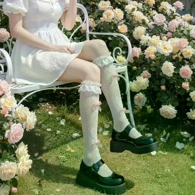 Lolita Lace Bow Tie Fishnet Mid-Calf Socks | JK Style